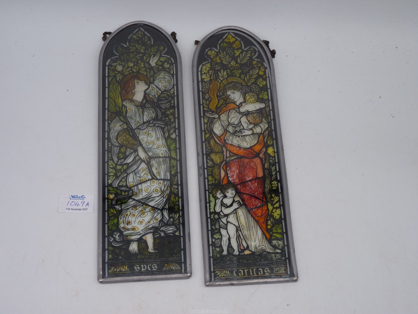 A pair of interesting multicoloured painted continental glass panels of Ladies in the Pre - - Image 2 of 2