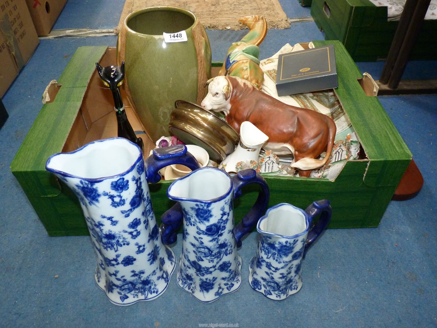 A quantity of mixed china to include; jugs, posy bowl, bird plates, green and cream vase, etc.