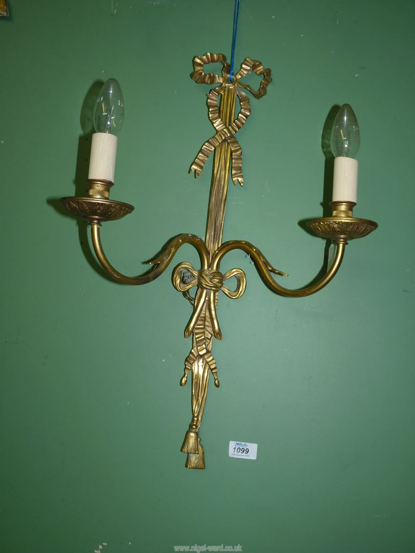 Three very good quality, period style gilt metal two branch wall lights, 23" tall. - Image 2 of 2