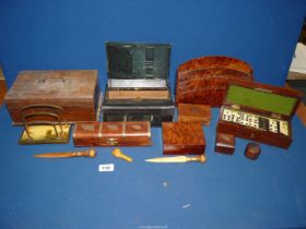 A quantity of miscellanea including letter racks, dominoes, wooden case with key,
