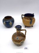 Three Royal Doulton Lambeth stoneware items including Art Nouveau ewer jug,