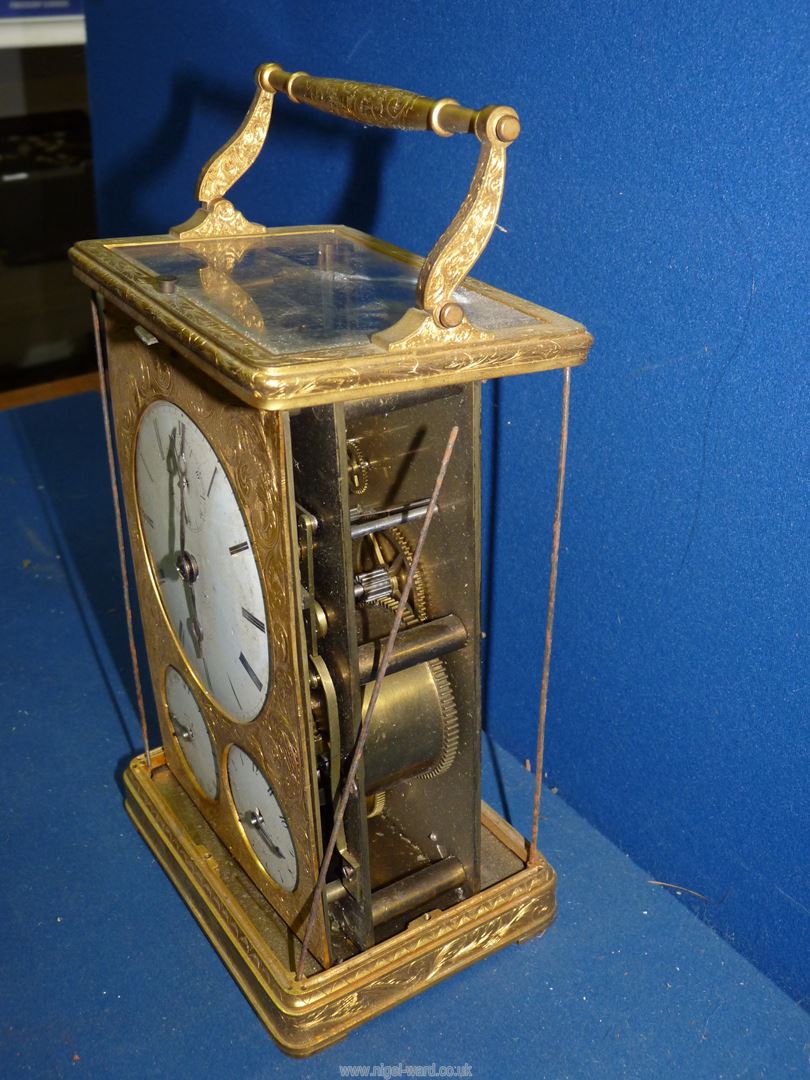 An impressive quality gilt/brass cased mantel clock for restoration having a three-train spring- - Image 4 of 5