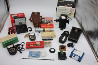 A box of Photographic and other accessories including a boxed Weston Master Cine Exposure Meter in