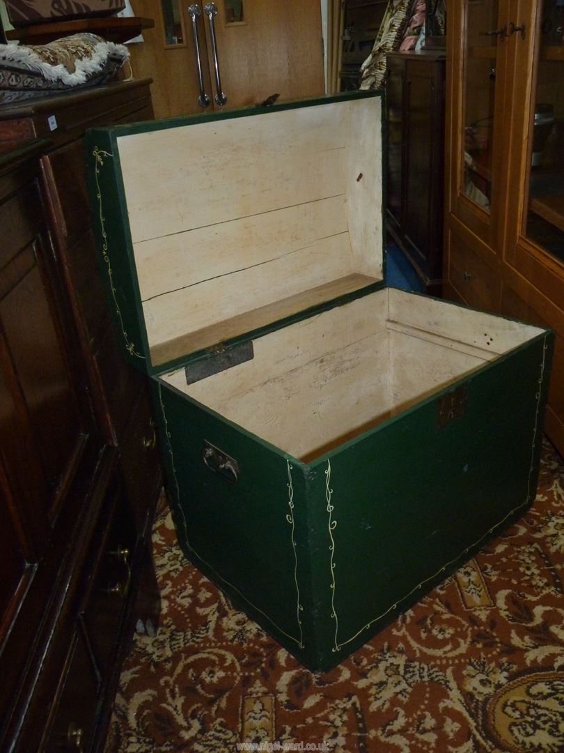 A domed top Pine Trunk painted green with cream and floral details, - Image 4 of 4