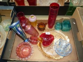 An Okra glass vase and other coloured glass vases, swan trinket dish, glass tray,