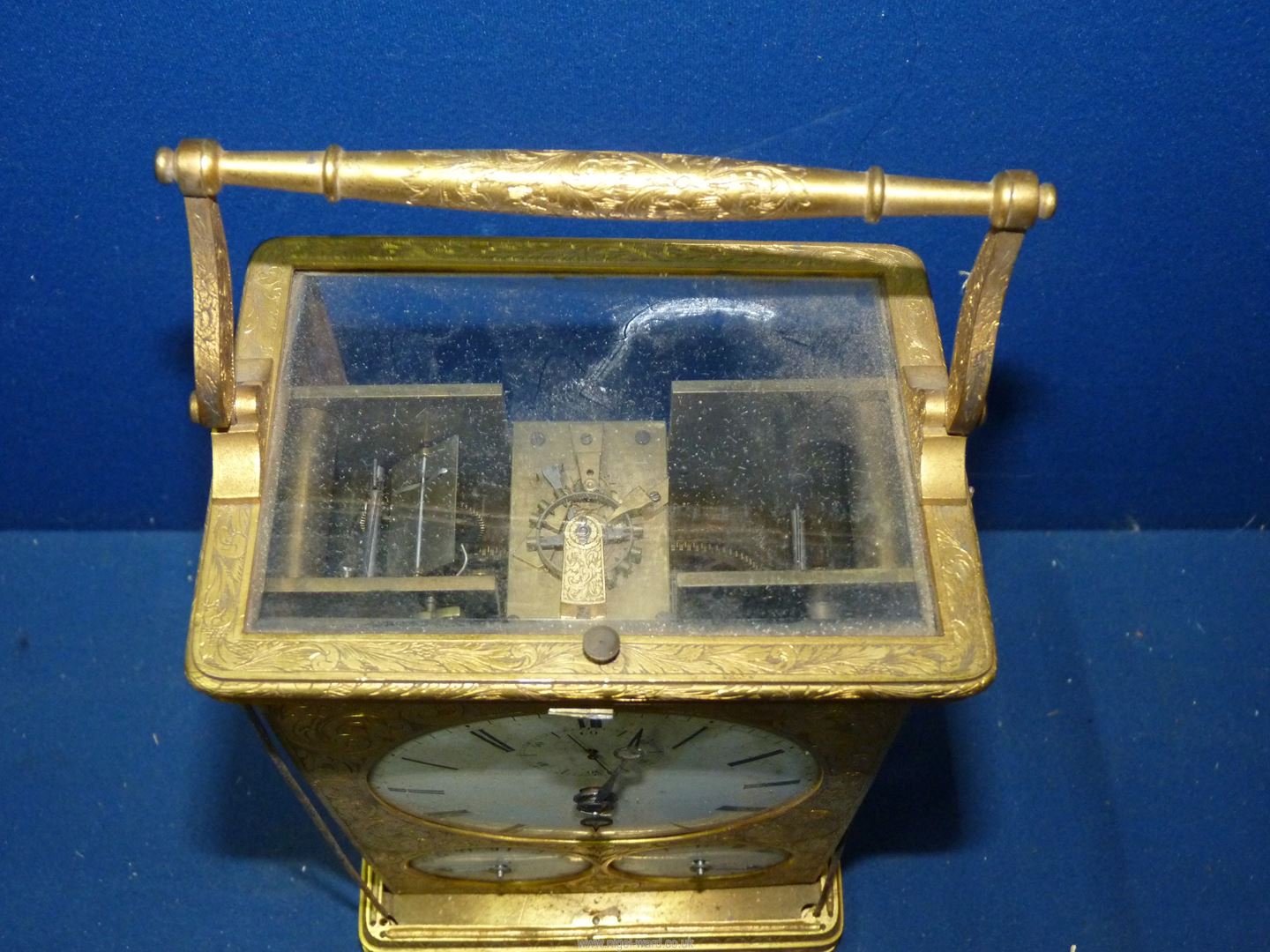 An impressive quality gilt/brass cased mantel clock for restoration having a three-train spring- - Image 3 of 5