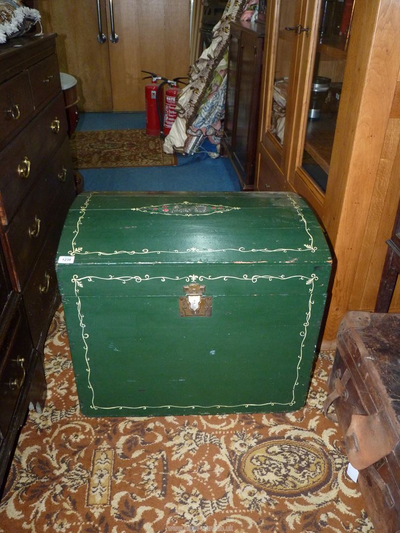 A domed top Pine Trunk painted green with cream and floral details, - Image 3 of 4