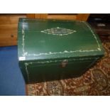 A domed top Pine Trunk painted green with cream and floral details,