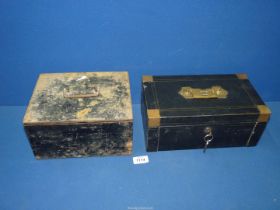 Two metal cash boxes, one with key, 9 1/2'' wide x 7 3/4'' deep x 5 1/4'' and 12'' x 7'' x 5'' high.