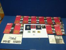 A quantity of coins and stamps to include; commemorative £5 coins, 2007 Queens Diamond Wedding,