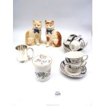 A small quantity of china to include; a pair of French cats, Aynsley 'Pembroke' jam pot,