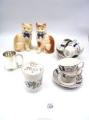 A small quantity of china to include; a pair of French cats, Aynsley 'Pembroke' jam pot,