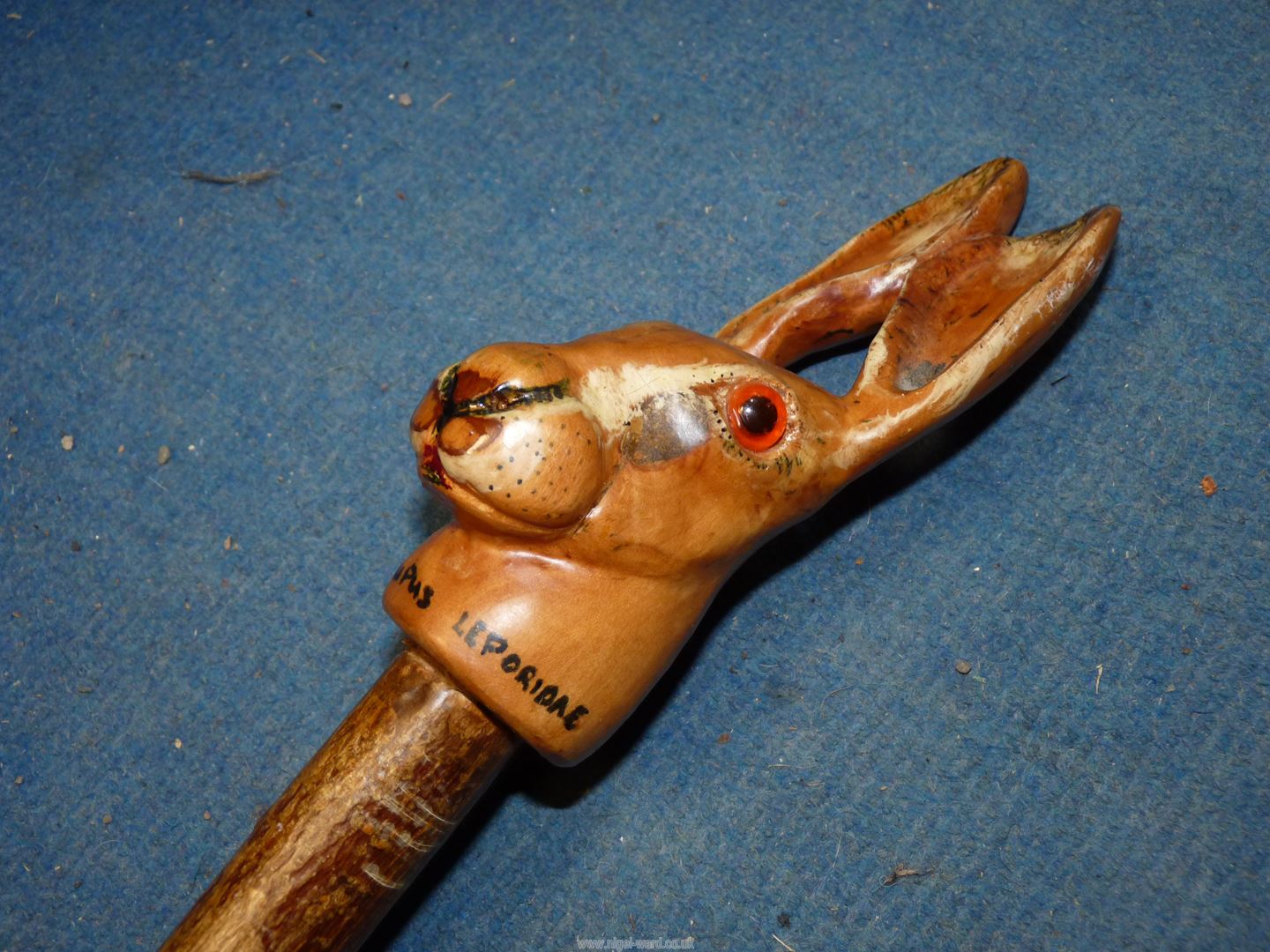 A hazel shaft walking stick with hand carved and painted hare knop having glass eyes, - Image 3 of 4