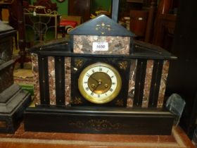 A large 19th century slate mantel Clock in classical style inlaid with vertical variegated marble