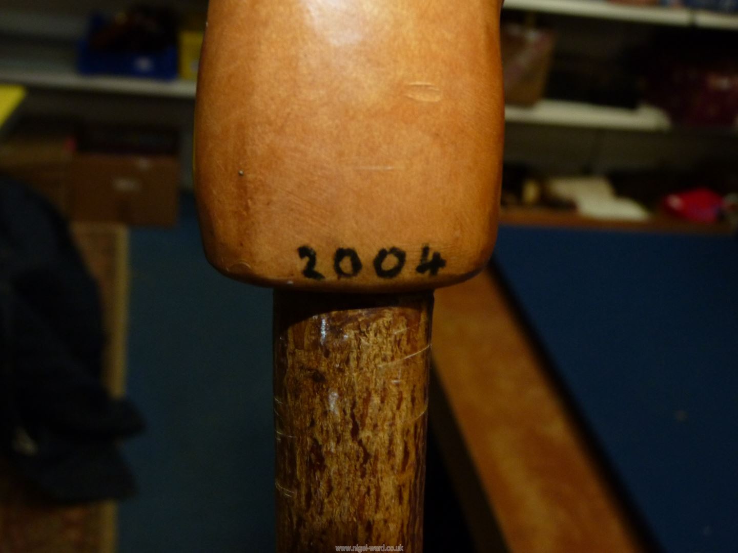 A hazel shaft walking stick with hand carved and painted hare knop having glass eyes, - Image 4 of 4