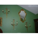 Three very good quality, period style gilt metal two branch wall lights, 23" tall.