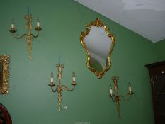 Three very good quality, period style gilt metal two branch wall lights, 23" tall.