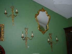 Three very good quality, period style gilt metal two branch wall lights, 23" tall.