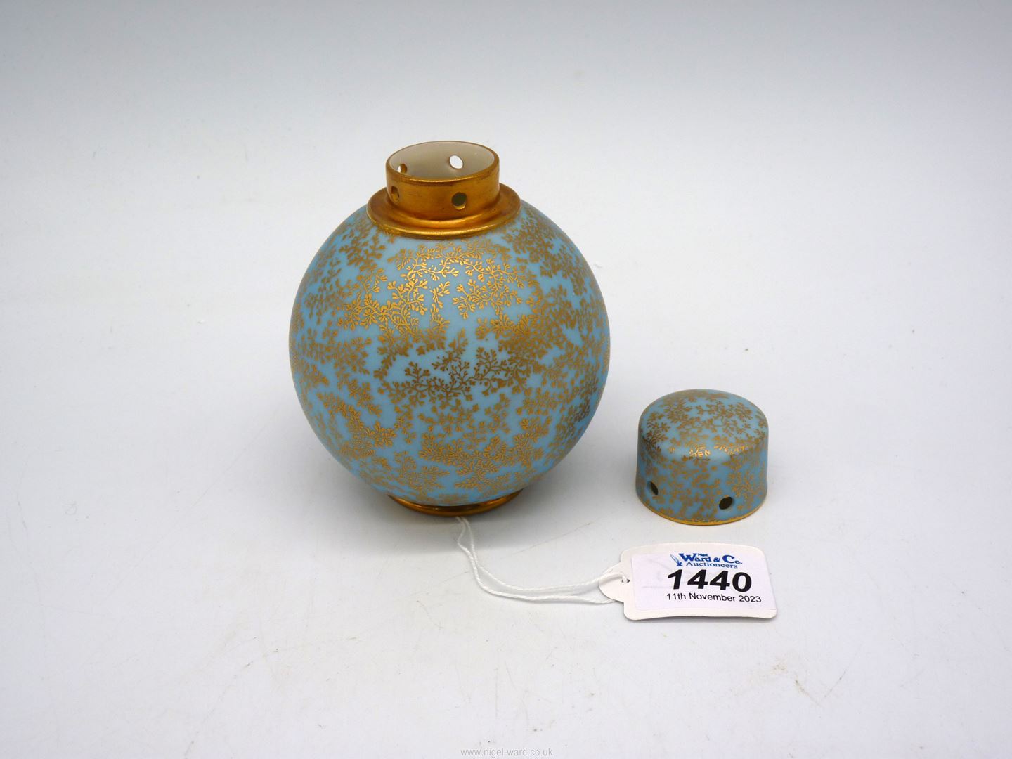 An unusual Royal Worcester porcelain spherical bottle and cover pot pourri in turquoise blue and - Image 2 of 3