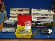 Three fishing tackle boxes and contents including priest, boat hooks, lead weights, hooks etc,