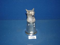 A silver plated fox head stirrup cup, 5" tall.