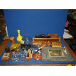 A box of miscellanea including a Chinese lidded vase, leather goods, treen, novelty items, etc.