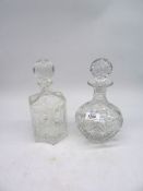 A round crystal decanter and stopper together with hexagon shaped crystal decanter and stopper,