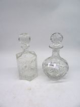 A round crystal decanter and stopper together with hexagon shaped crystal decanter and stopper,