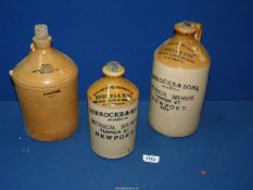 Two 'Horrocks & Sons Botanical Brewery' stoneware flagons and a stoneware jar 'Kensey Worm Drink
