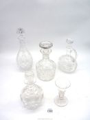 A crystal decanter with handle and stopper, 9" tall, small crystal decanter with stopper,