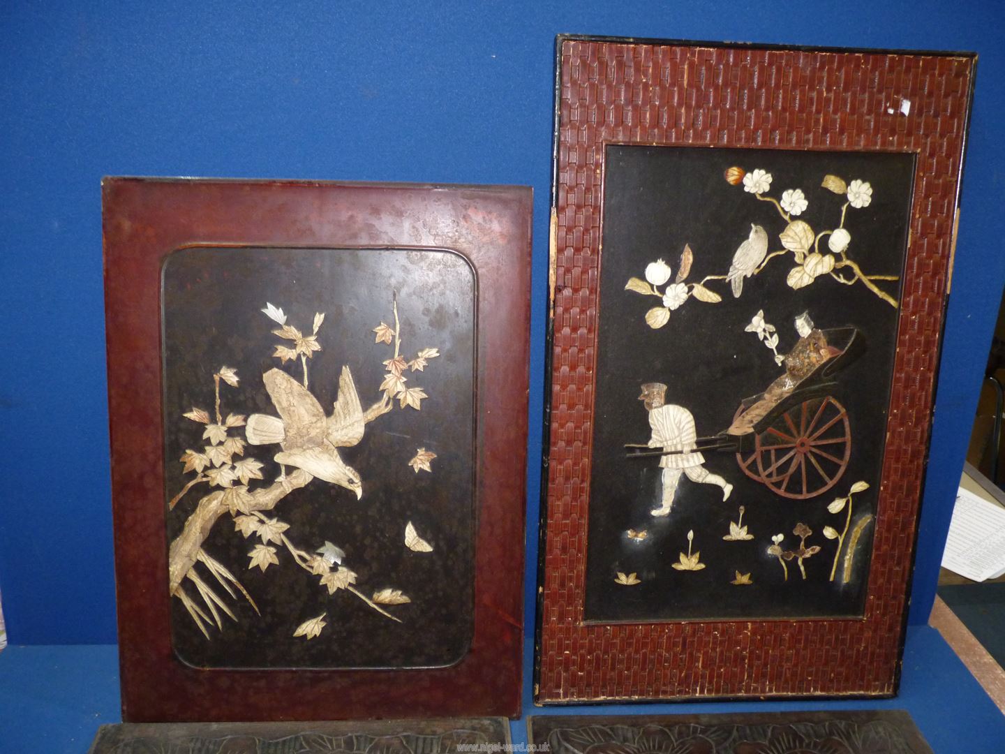 A box of carved Chinese screen panels, some inlaid with bone, a/f. - Image 2 of 2