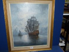 A framed Oil on board of a three mast sailing ship at sea, signed lower right Garcia,