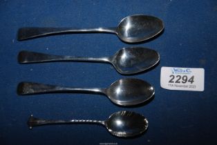 Four silver teaspoons, Sheffield, London and Georgian marks, 58.14 grams.