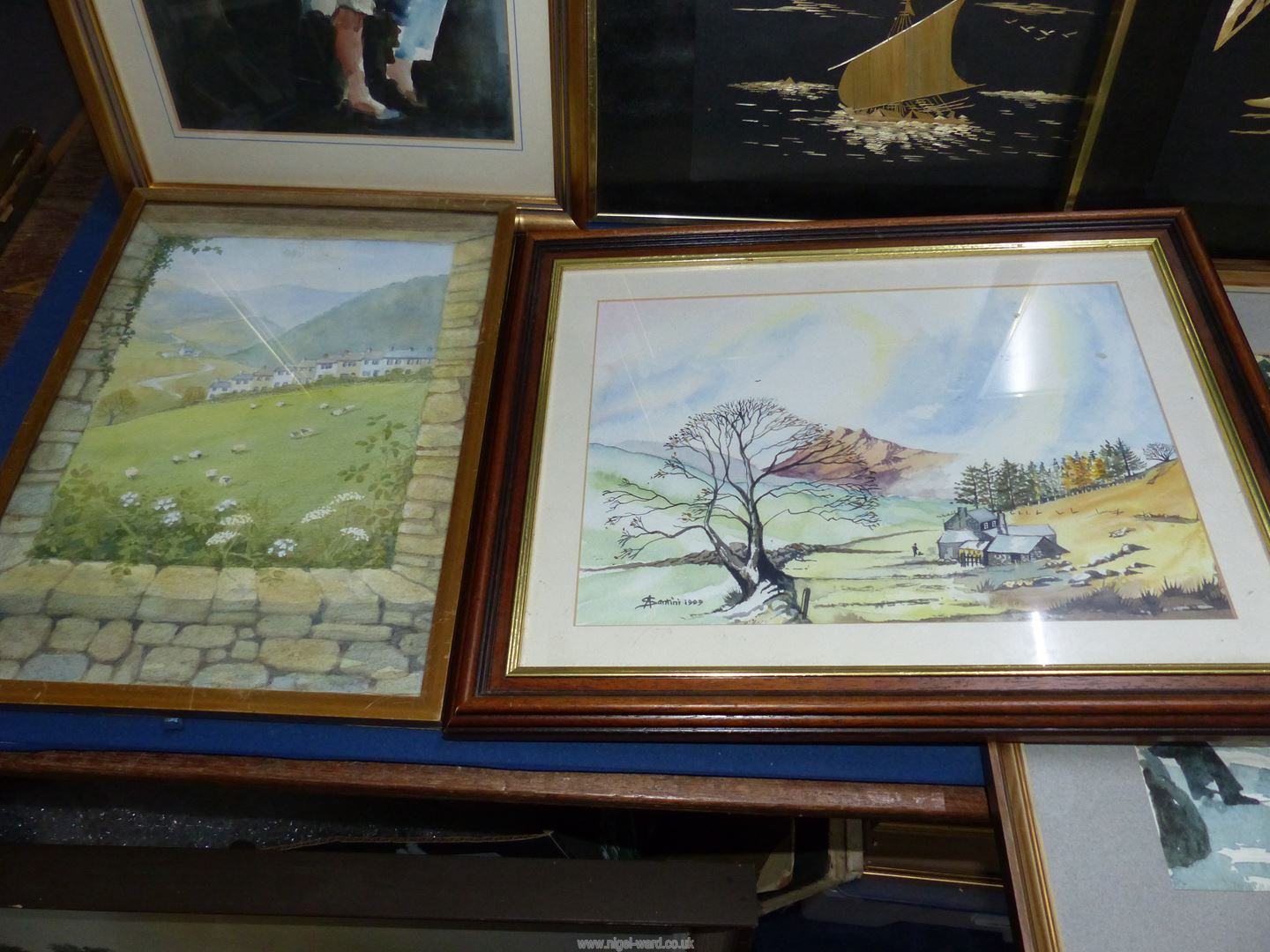 An Oil painting "Ducks on Pond" by Eileen Lewis together with four watercolours and two bamboo - Image 4 of 6