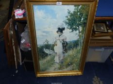 A large over varnished Print of an Edwardian Lady taking a summer stroll, signed lower left Boldini,
