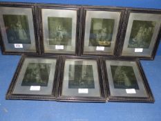 A set of seven framed Etchings depicting Cries of London scenes, with silver coloured margins,