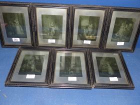 A set of seven framed Etchings depicting Cries of London scenes, with silver coloured margins,