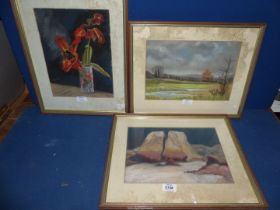Three framed pastels of still life and landscapes initialled M.T. (Marion Tasker).