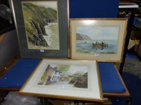 Three Watercolours, two by Wilfred Wilson to include a seascape, figures in a boat and another by W.