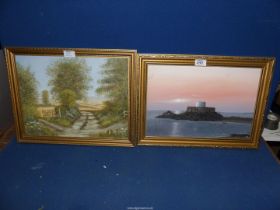 A framed Oil on board of Fort Grey (The Cup and Saucer), Guernsey at Sunset,