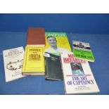 A box of cricket and football ephemera including Denis Compton signed booklet,