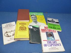 A box of cricket and football ephemera including Denis Compton signed booklet,