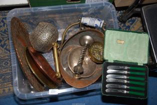 A quantity of metals including copper coal bucket, trays, helix twist candlestick, etc.
