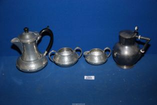 A pewter coffee pot, hot water jug, creamer and sugar bowl.