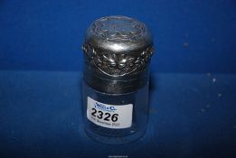 A silver hinged topped vanity jar with glass base, complete with glass stopper,