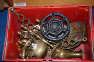 A quantity of brass to include; candelabra, vases, teapot (no lid), chestnut roasters, etc.