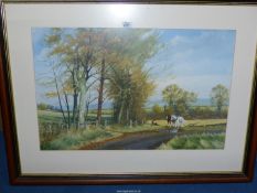 A large framed and mounted Print of a country landscape with a team of horses and plough,