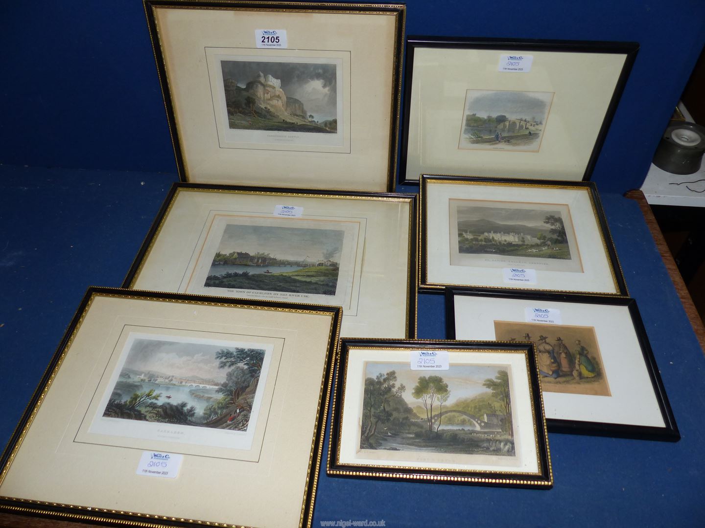 Seven coloured Engravings including Cardiff Bridge, Caerleon (x2), Pontypridd Bridge and St.