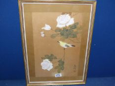 A framed, hand painted on silk, Chinese floral picture with bird, signed lower right,