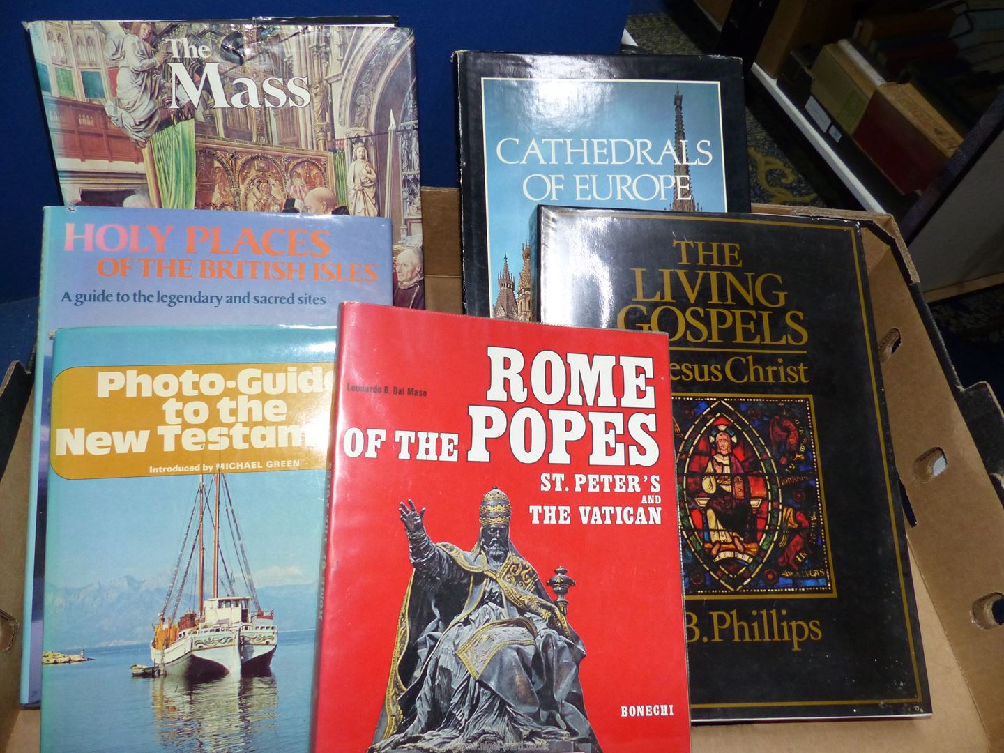 Two boxes of religious themed books including antique bibles, rare religious study guides, etc. - Image 2 of 3